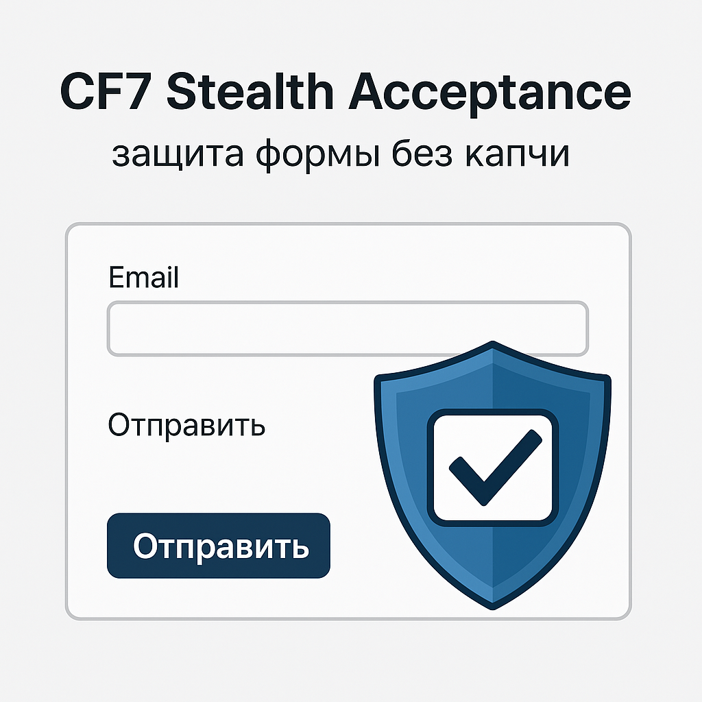 Как защитить Contact Form 7 от спама без капчи и reCAPTCHA. Простое решение — невидимая галочка, которая блокирует ботов, но не мешает пользователям. Бесплатный плагин CF7 Stealth Acceptance.